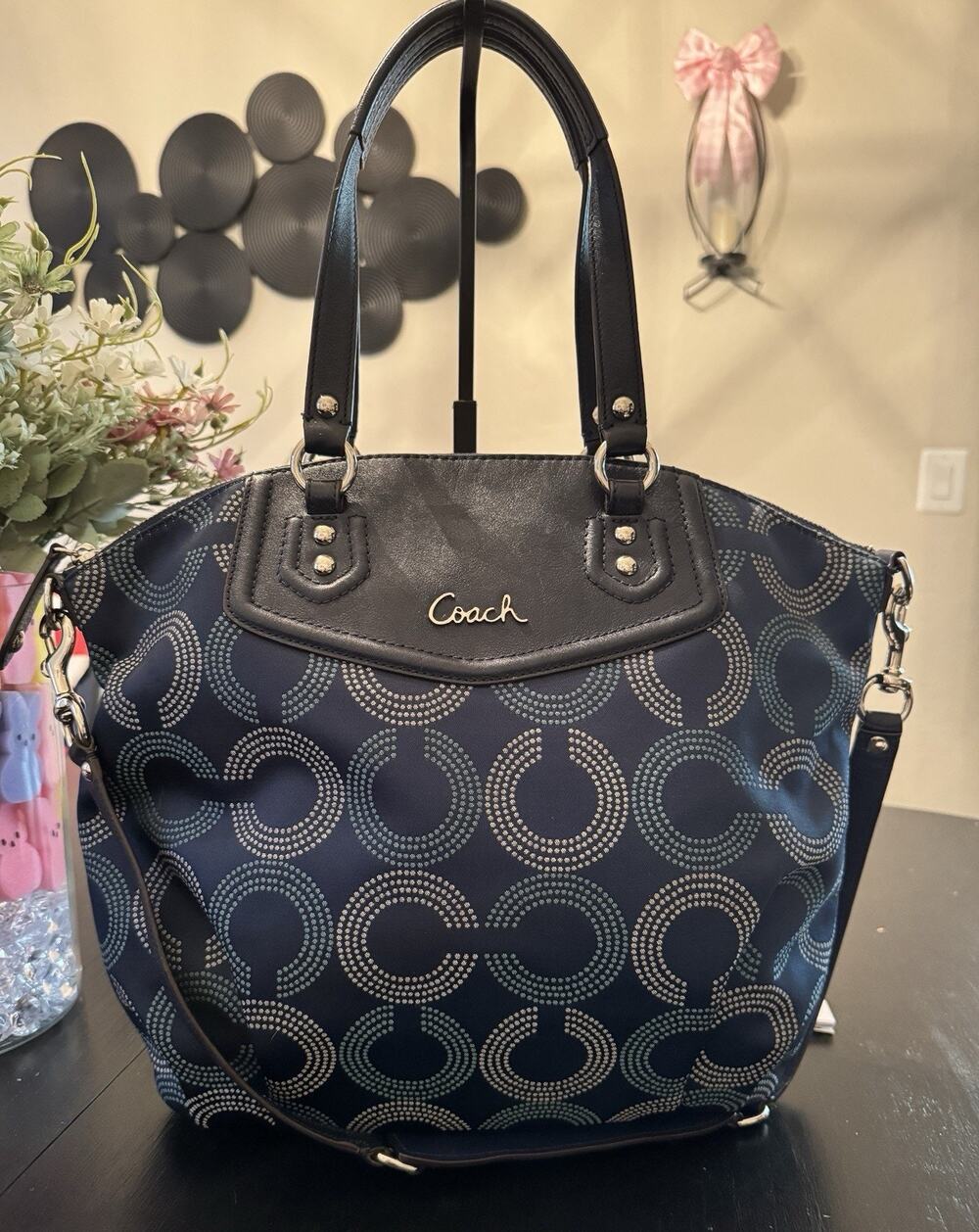 Coach Blue Ashley Dotted OP Art North South Satchel Shoulder Bag Purse